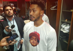 Derrick Rose sporting the 'Pooh Junior' Bullies t-shirt after the Bulls defeated the Thunder.